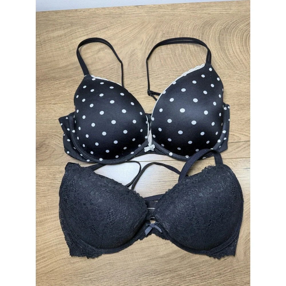 Victoria’s Secret 2 Pc Bra Lot 34D Black Polka Dot Push-up Underwired